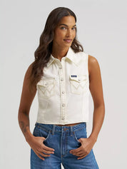 9493 Wrangler Ladies Sleeveless Denim Snap Shirt