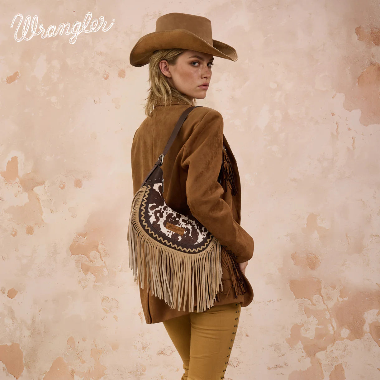 WG444 Wrangler Ladies Cow Print  Fringe Shoulder Hobo Bag
