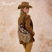 WG444 Wrangler Ladies Cow Print  Fringe Shoulder Hobo Bag