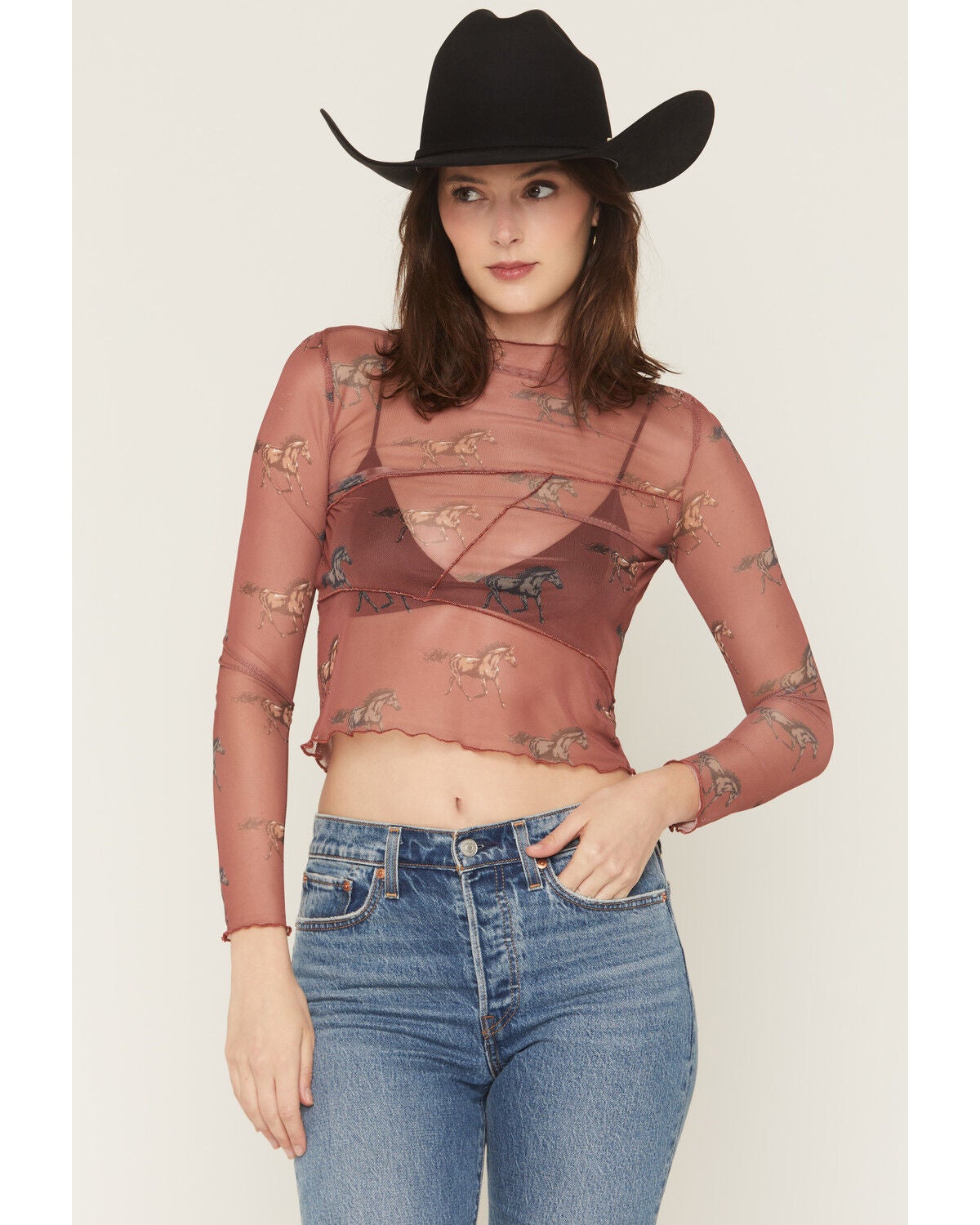 8090 Rock & Roll Ladies Horse Print Mesh Top