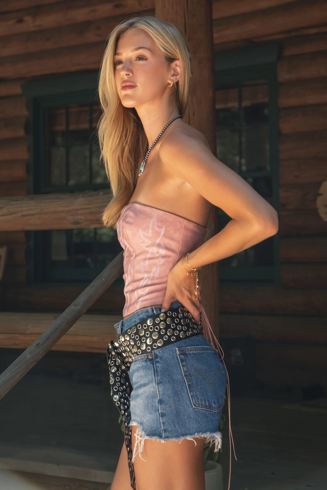 9069 Beckee Ladies Vegan Leather Embroidered Corset