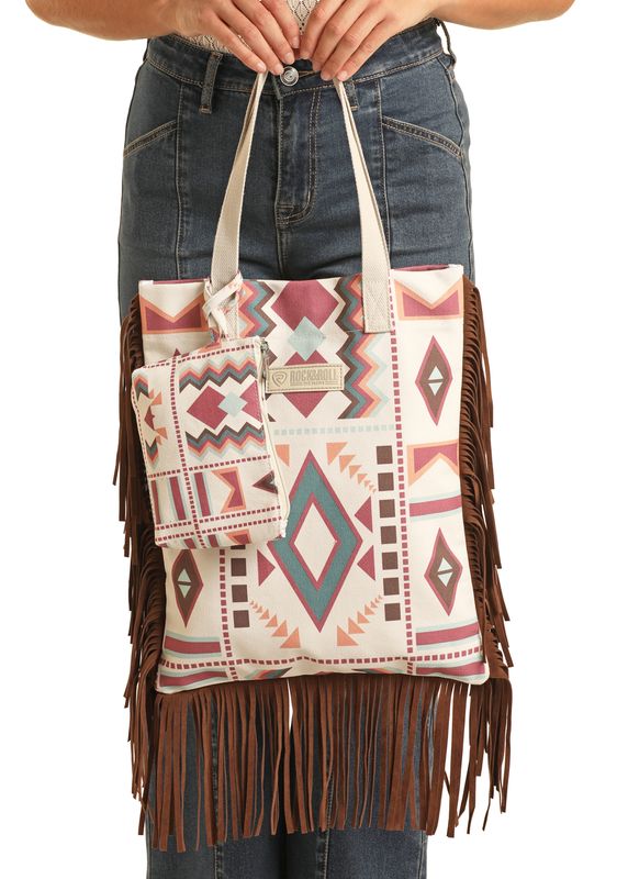 4370 Rock & Roll Ladies Geo Print With Fringe Bag
