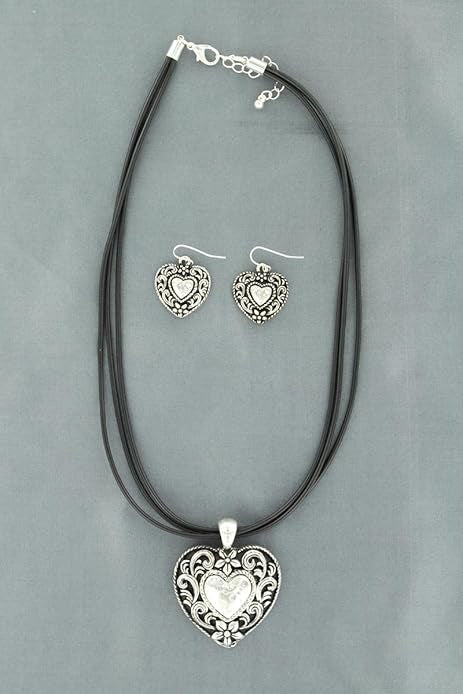29433 M&F Ladies Western Silver Heart Necklace & Earrings