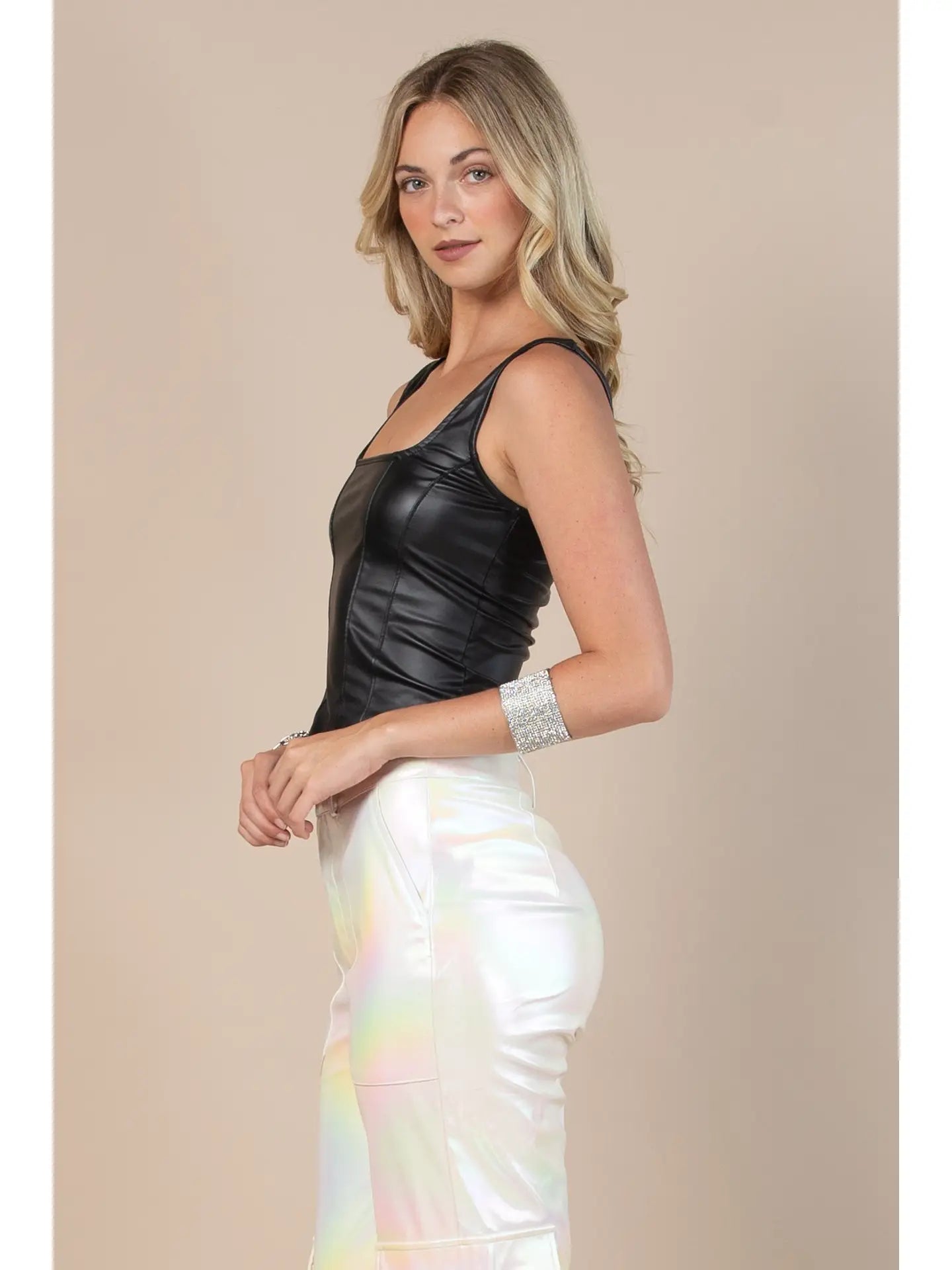 1352 Nylon Apparel Ladies Faux Leather Crop Top