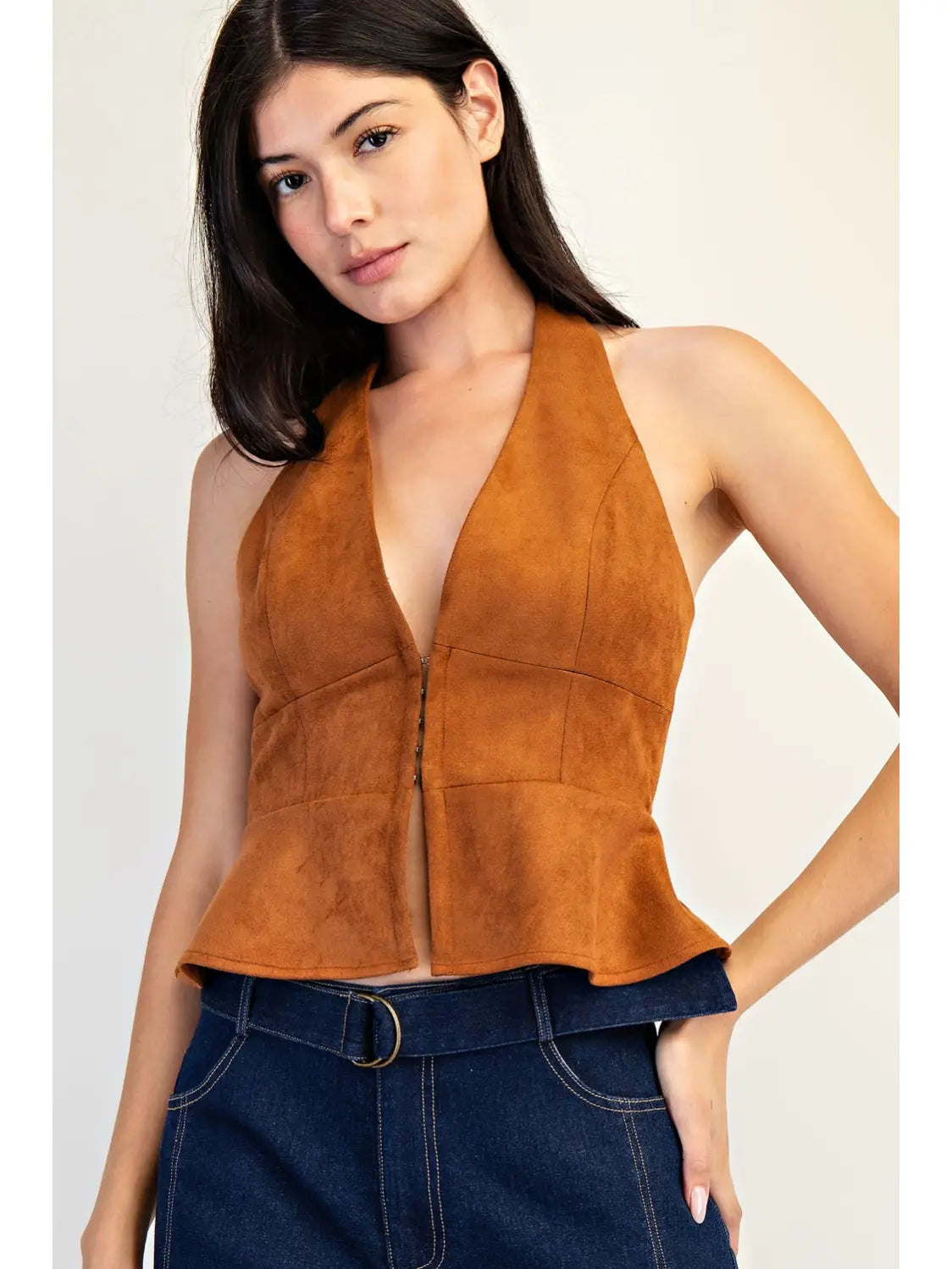7519 Edit By Nine Ladies Faux Suede Plunging Neck Top