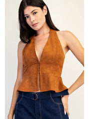 7519 Edit By Nine Ladies Faux Suede Plunging Neck Top
