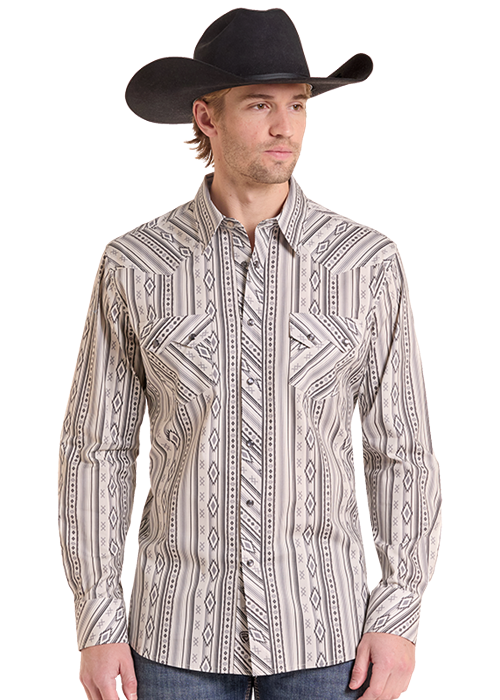 0098 Rock & Roll Men's Stripe Aztec Print Snap Shirt