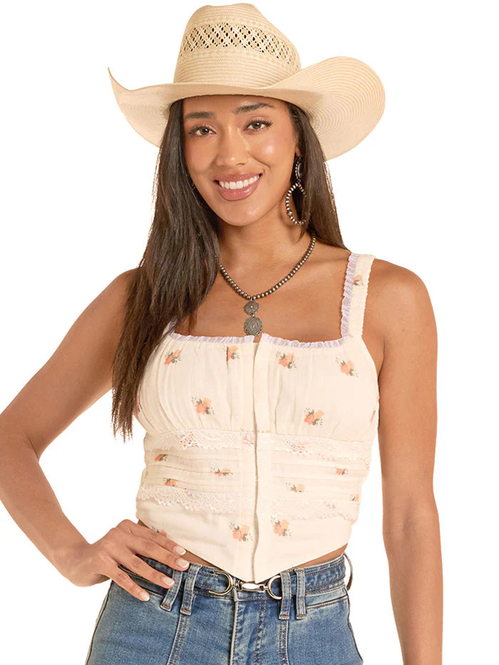 8772 Rock & Roll Ladies Flower Print Laced Corset