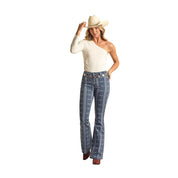 3539 Rock & Roll Women's Indigo Aztec Button Flare Jean