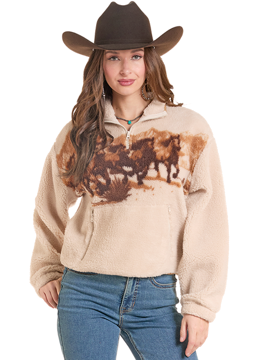 9999 Rock & Roll Denim Ladies Horse Sherpa 1/4 Zip Pullover