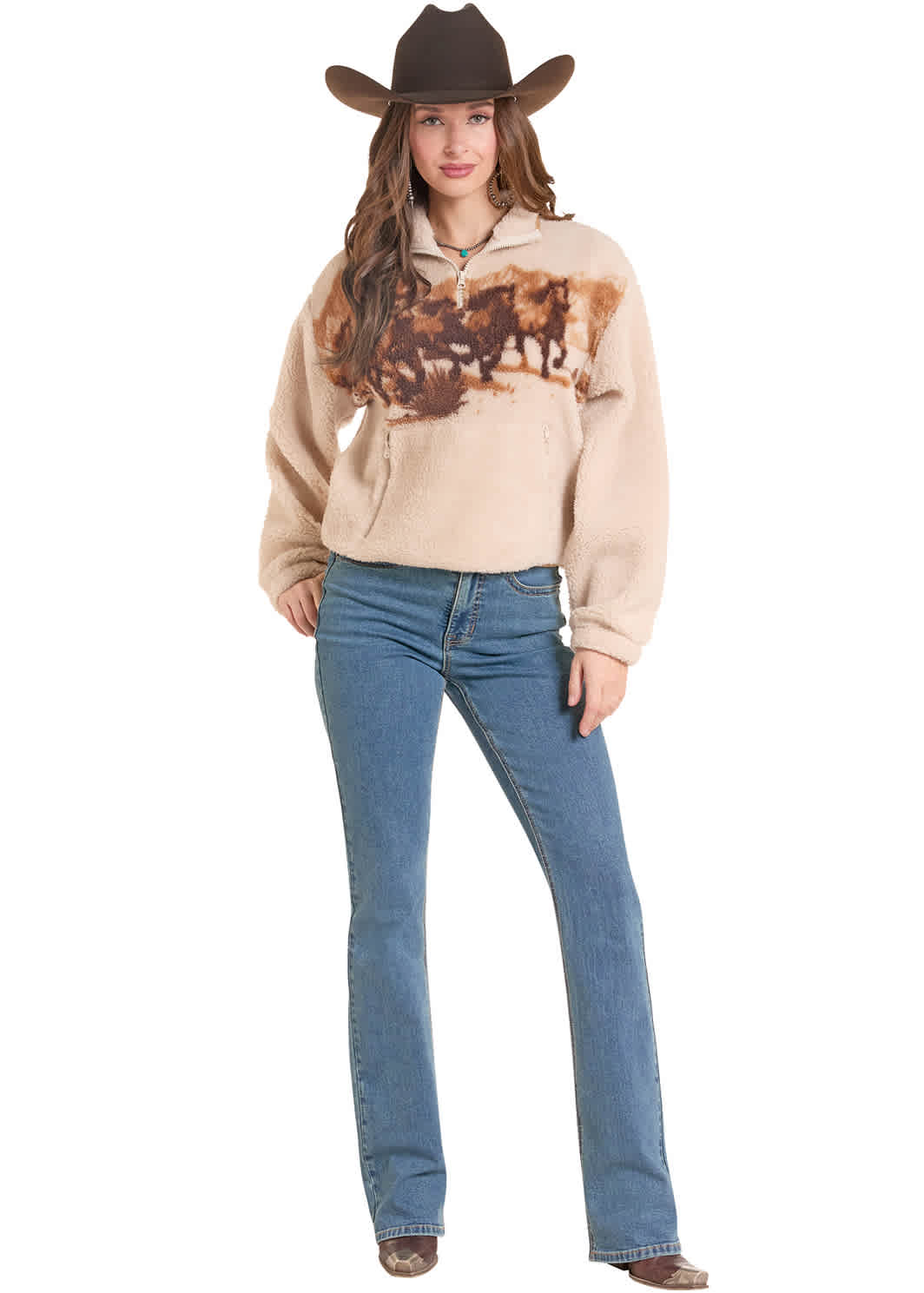 9999 Rock & Roll Denim Ladies Horse Sherpa 1/4 Zip Pullover