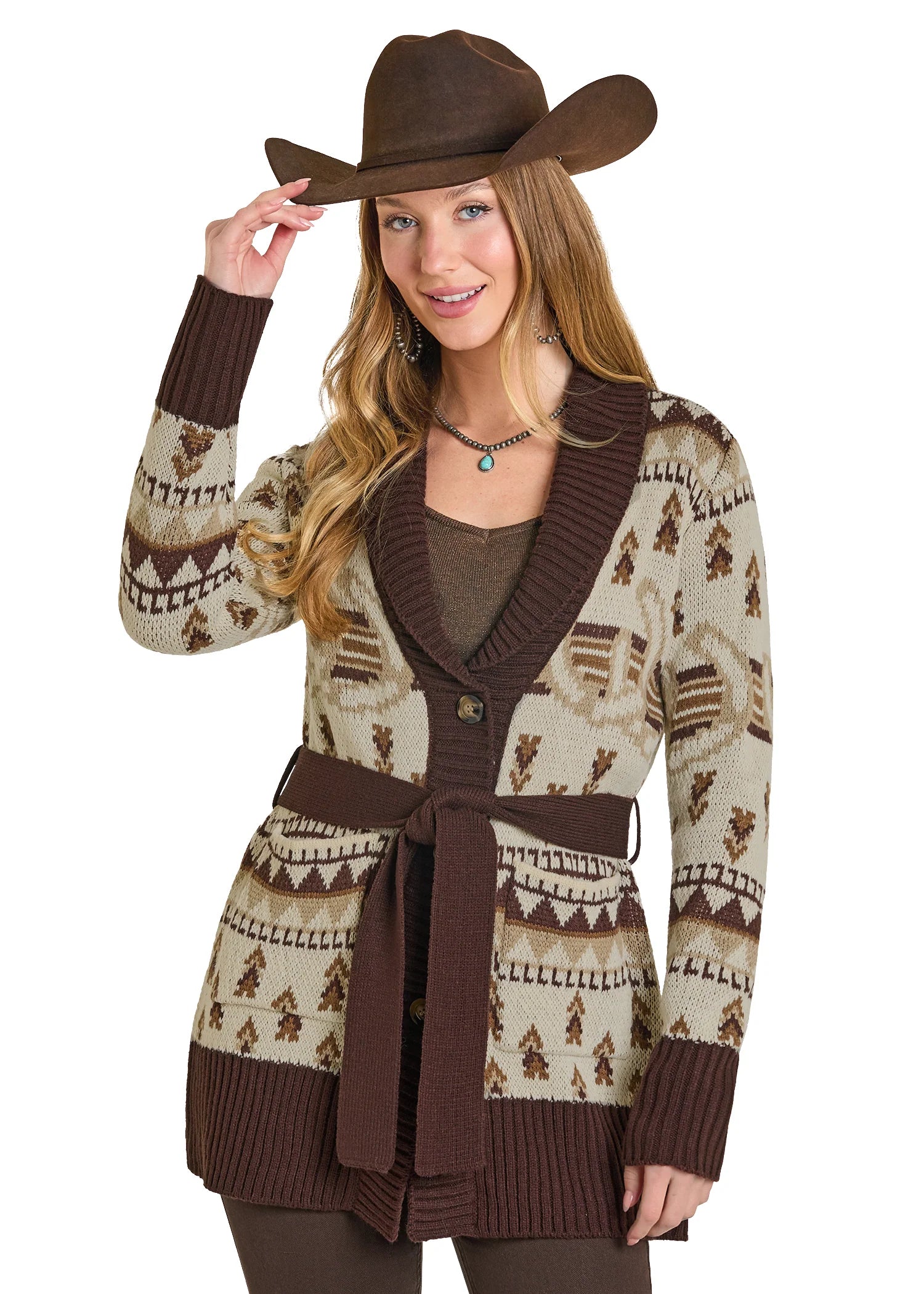 6877 Panhandle Ladies Horse Shoe Belted Cardigan
