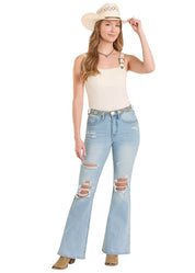 8493 Rock & Roll Ladies Distressed High Rise Flare Jeans