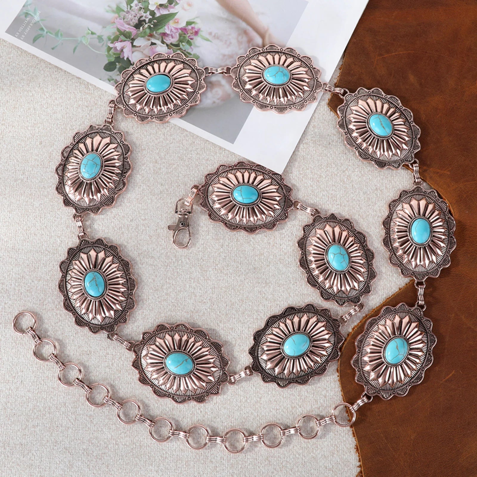 RCB-1037 Ructic Couture Oval Stone Concho Link Chain Belt