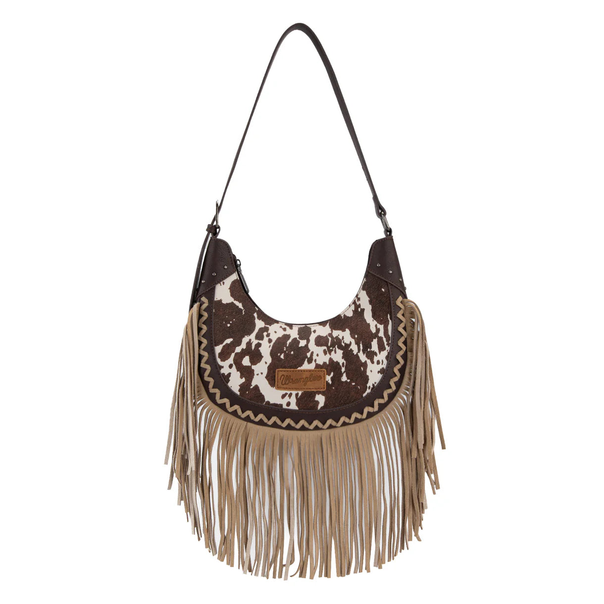 WG444 Wrangler Ladies Cow Print  Fringe Shoulder Hobo Bag