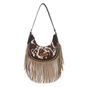 WG444 Wrangler Ladies Cow Print  Fringe Shoulder Hobo Bag