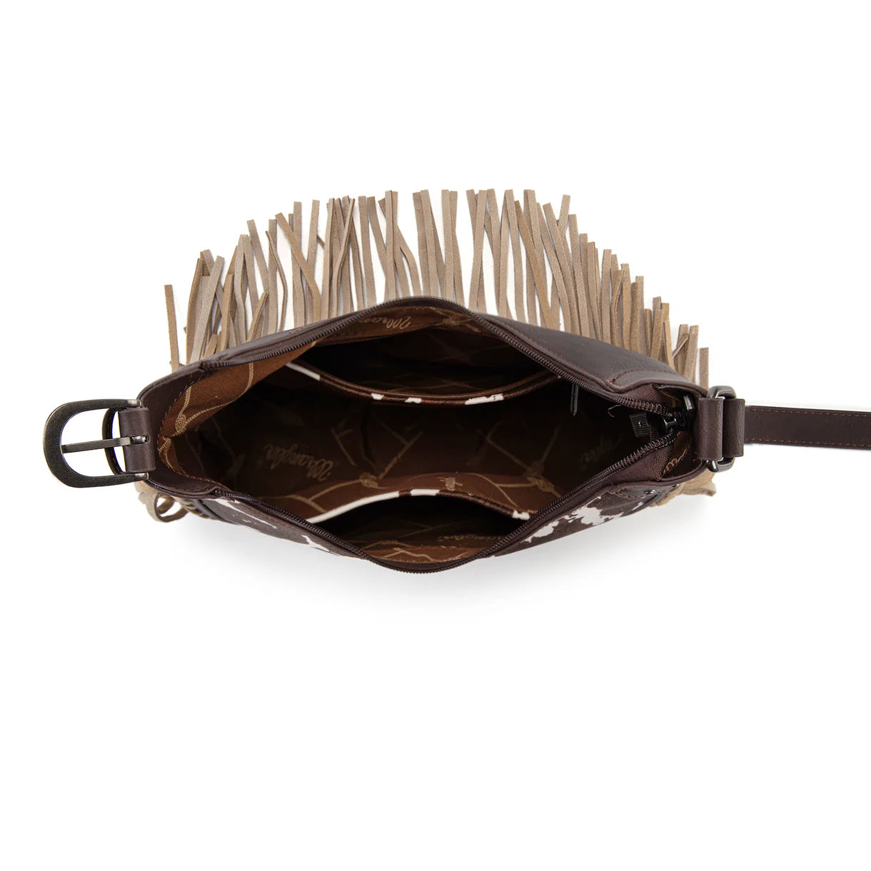WG444 Wrangler Ladies Cow Print  Fringe Shoulder Hobo Bag
