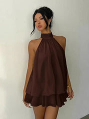 1707 Lily Clothing Backless Neck-baring Puff-sleeved Dress