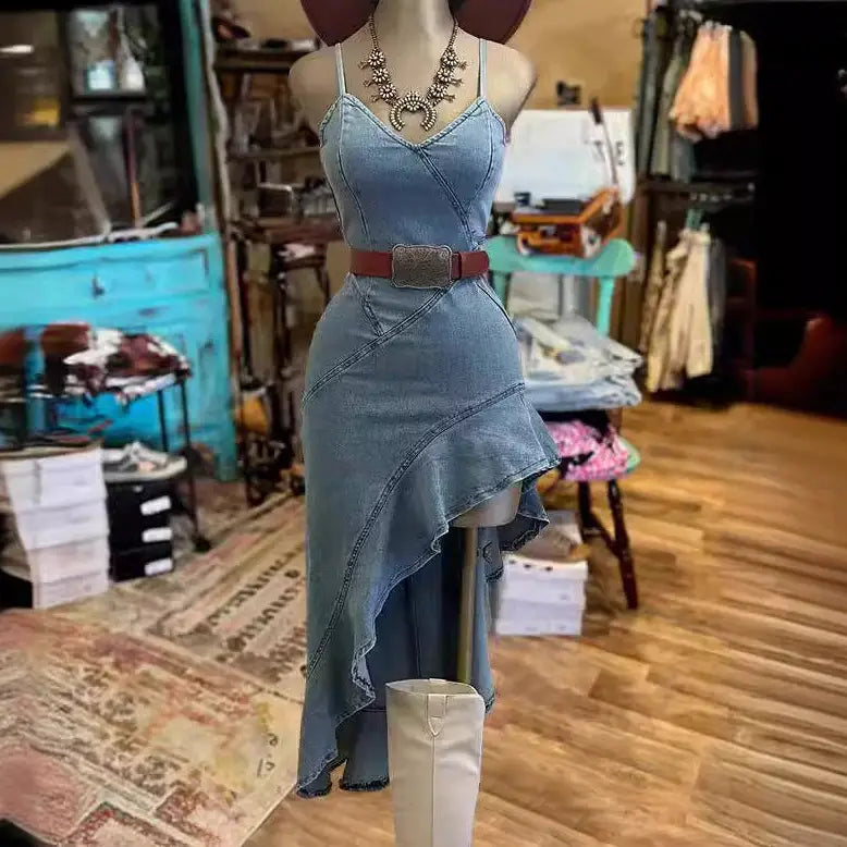 4836 FurDecoration Ladies Deep V Sleeveless Denim Dress