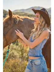 23644 Blue B Ladies Buckle Strap Denim Top