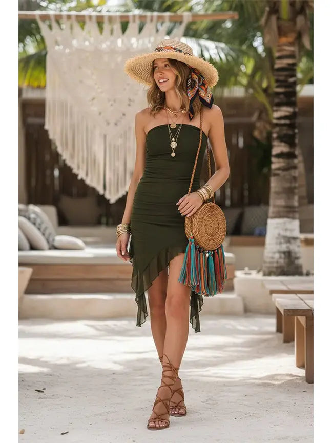 3159 TIming Ladies Strapless Asymmetrical Mesh Dress