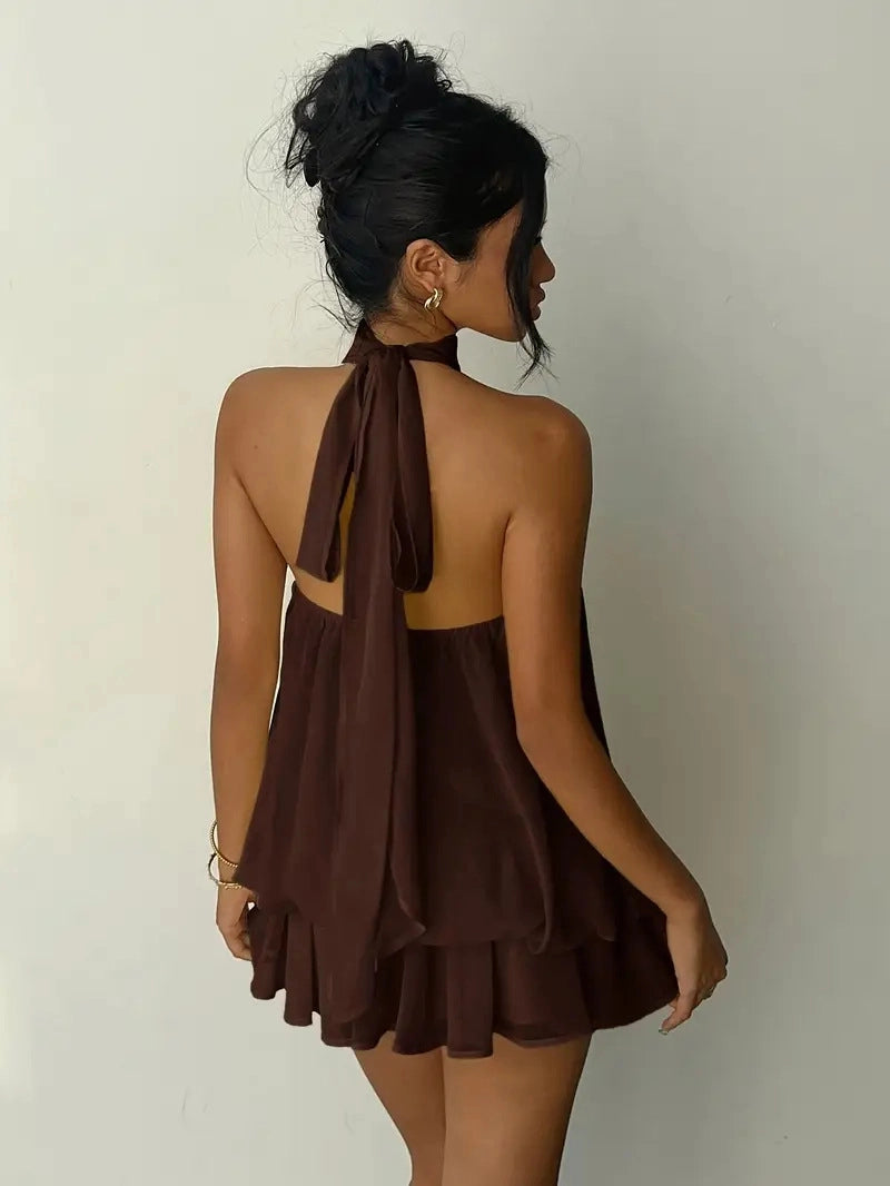 1707 Lily Clothing Backless Neck-baring Puff-sleeved Dress