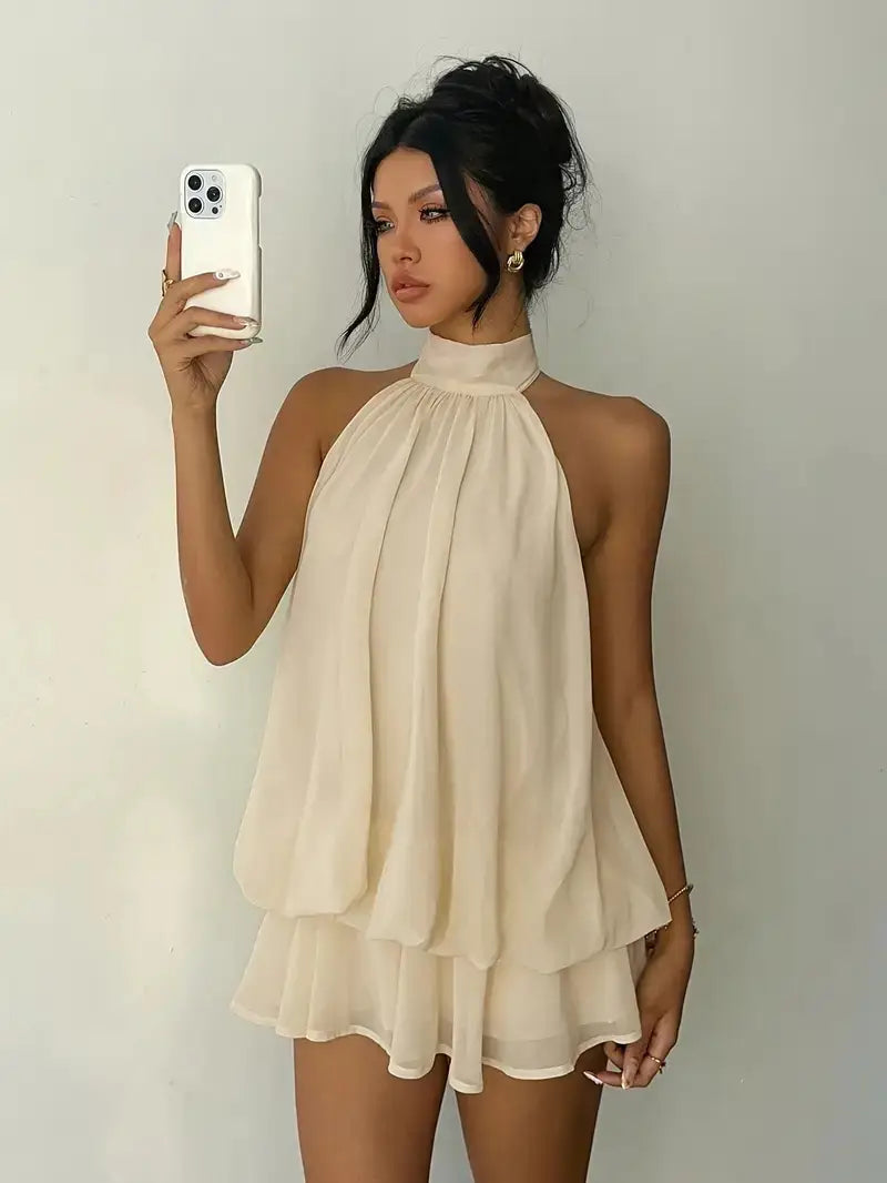 1707 Lily Clothing Backless Neck-baring Puff-sleeved Dress