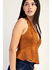7519 Edit By Nine Ladies Faux Suede Plunging Neck Top
