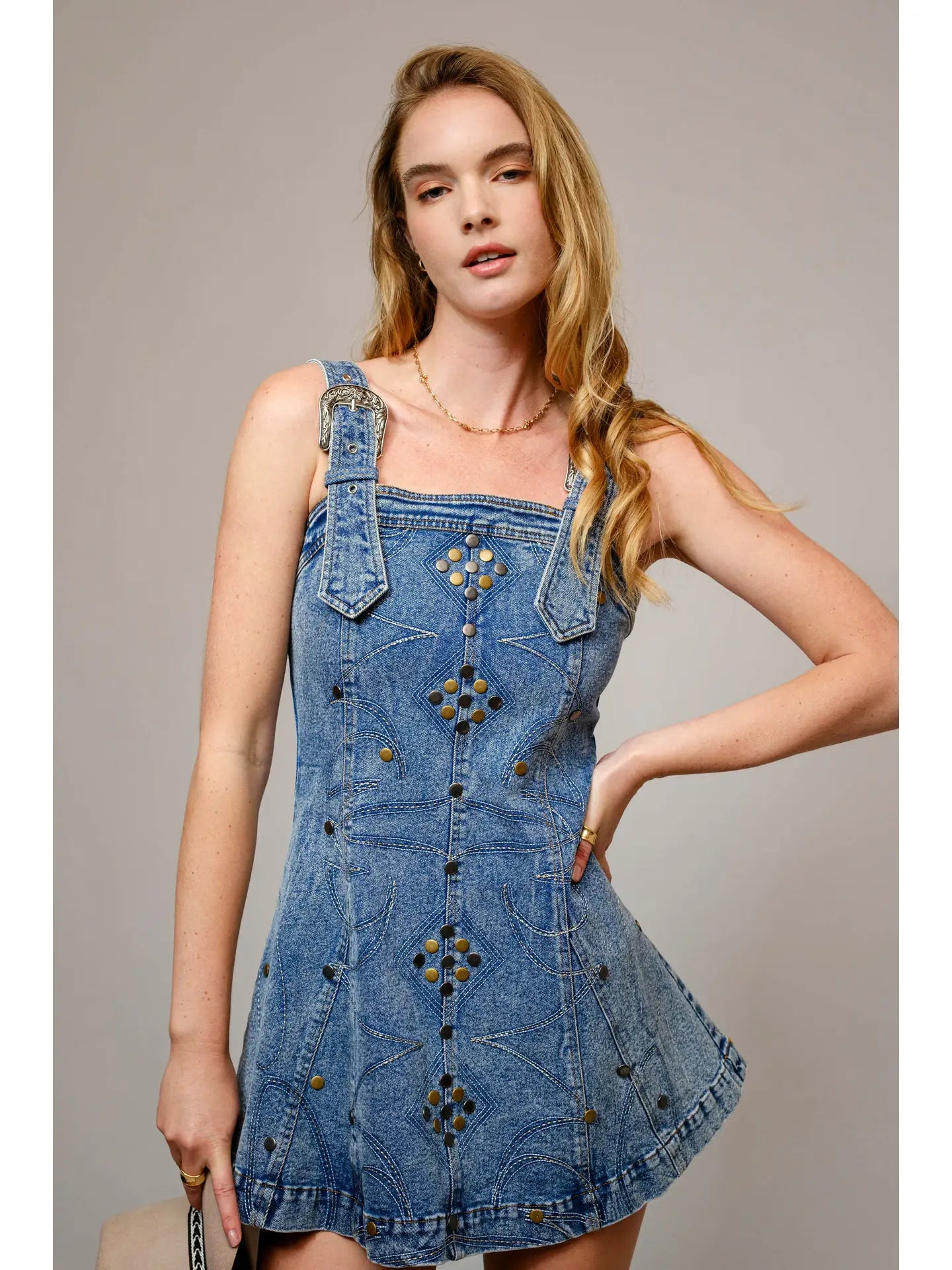 3466 Blue B Ladies Studded Western Buckle Stretch Dress