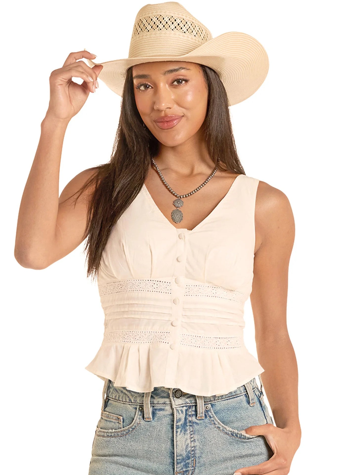 8773 Rock & Roll Ladies Eyelet Inset Tank