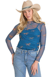 8109 Rock & Roll Ladies Horse Print Mesh Top