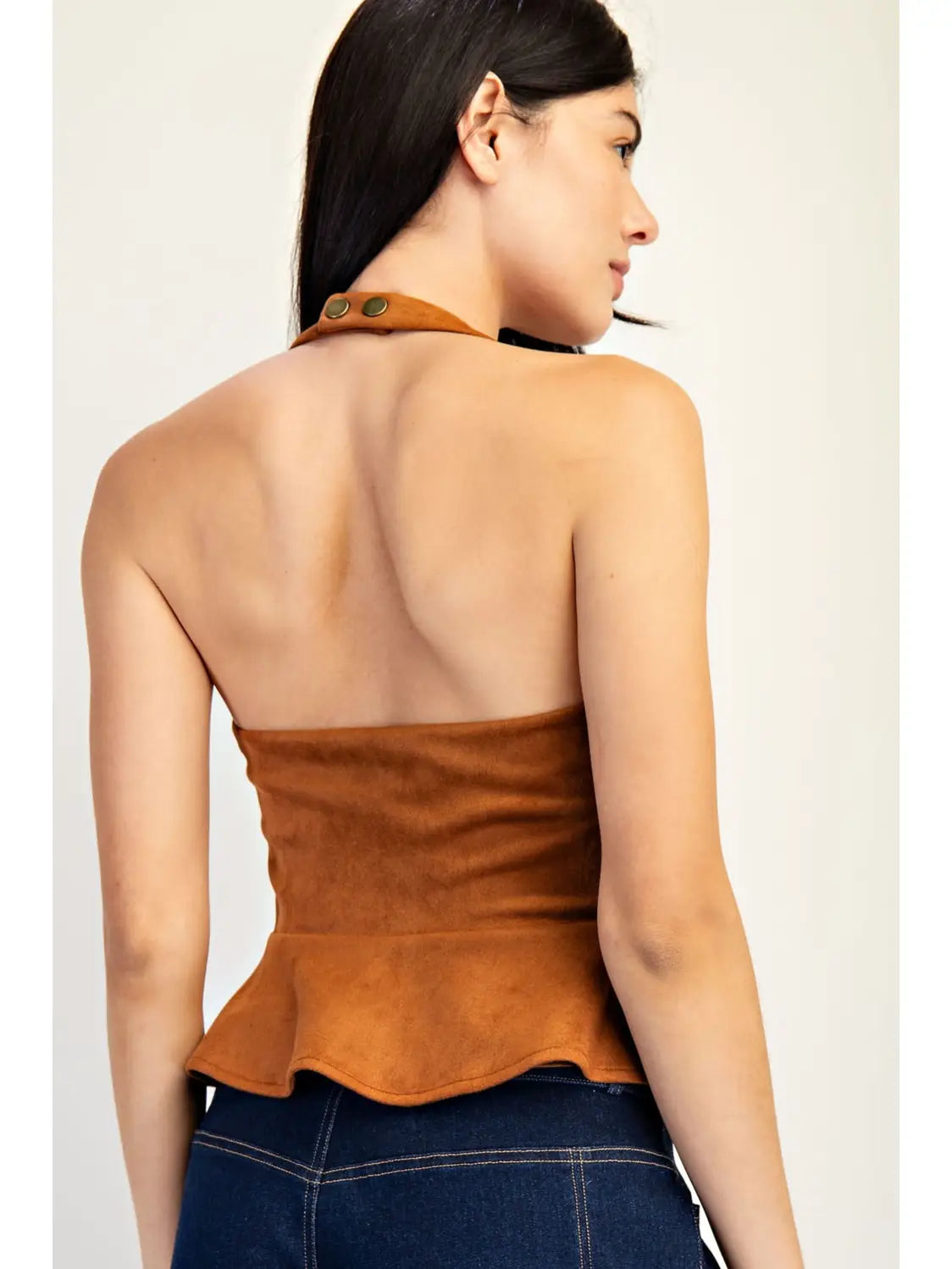 7519 Edit By Nine Ladies Faux Suede Plunging Neck Top